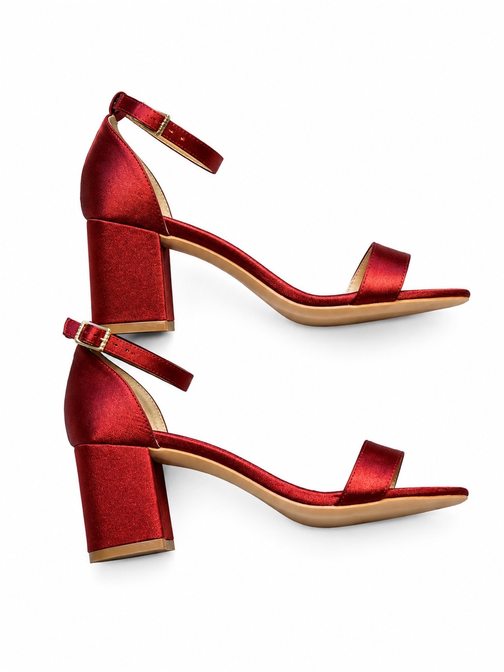 Women's Red Satin Block Heel Sandals with Ankle Strap
